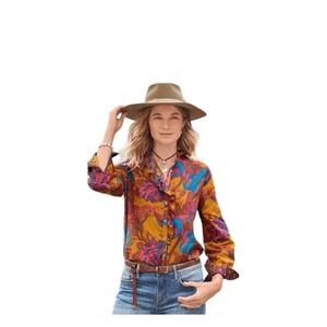 SUNDANCE XXL Cotton Ruffle Abstract Floral Boho Colorful Button Down shirt